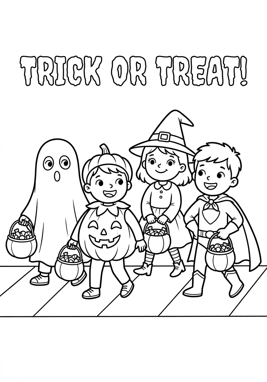 Trick-or-treat crew Halloween coloring page from the free ChromaPrint set