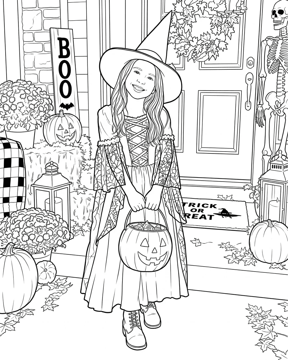 Photo of a child in a witch costume turned into a printable Halloween coloring page
