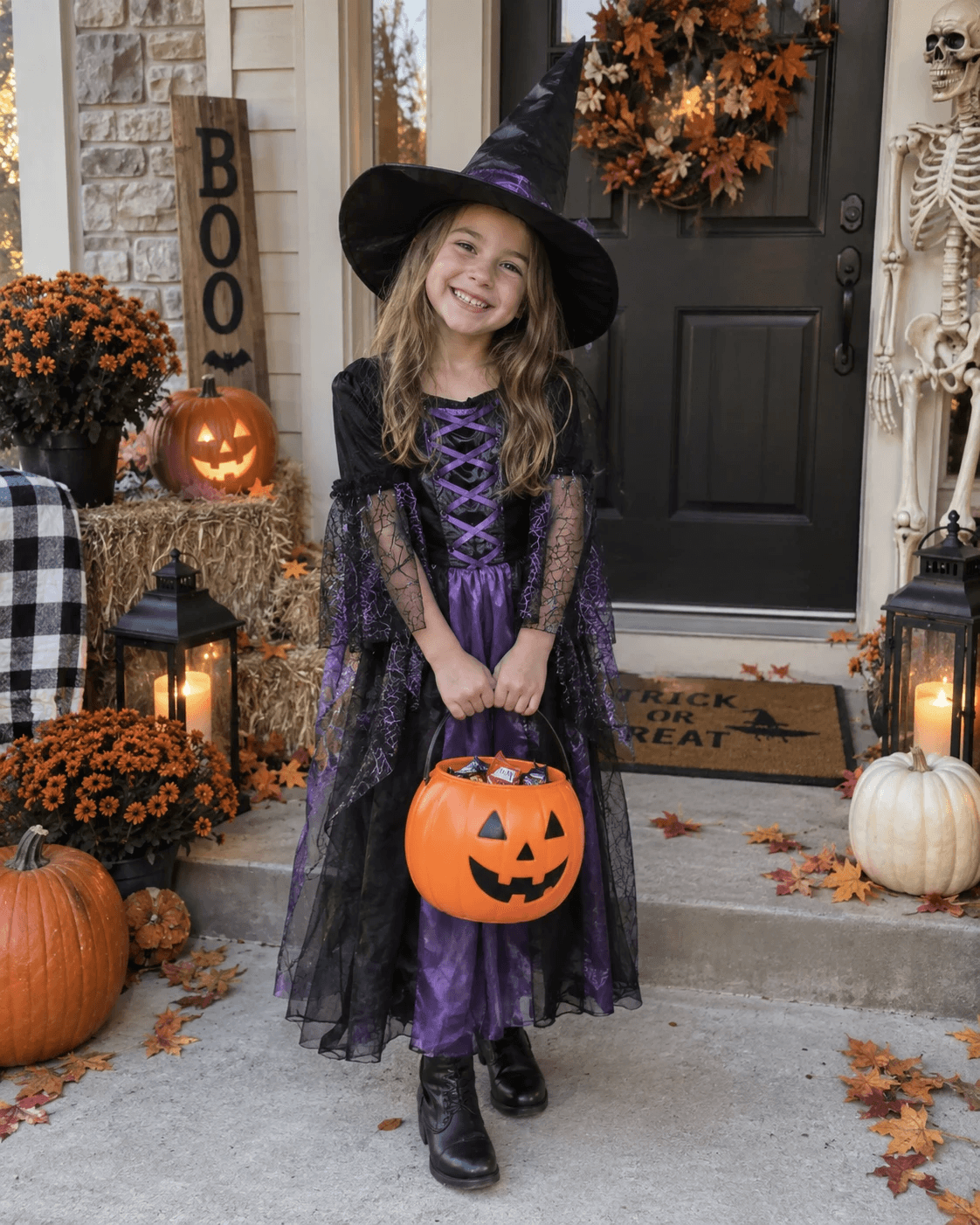 Photo of a child in a witch costume on a decorated front porch