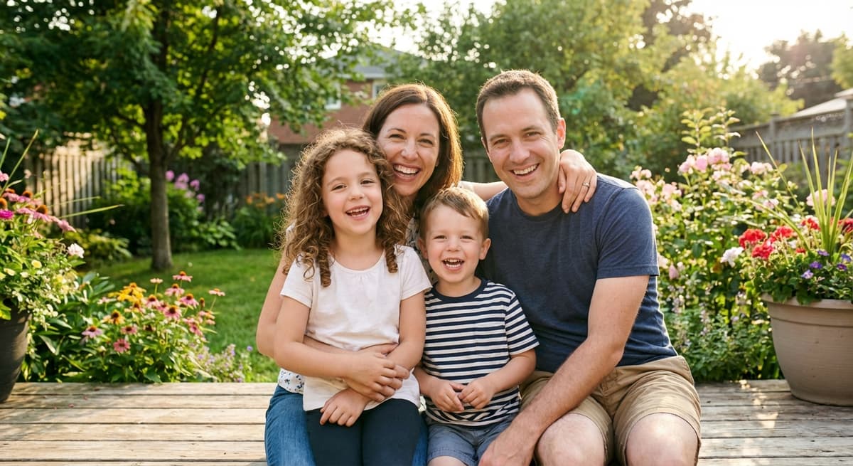 Family of four — parents and two children smiling together
